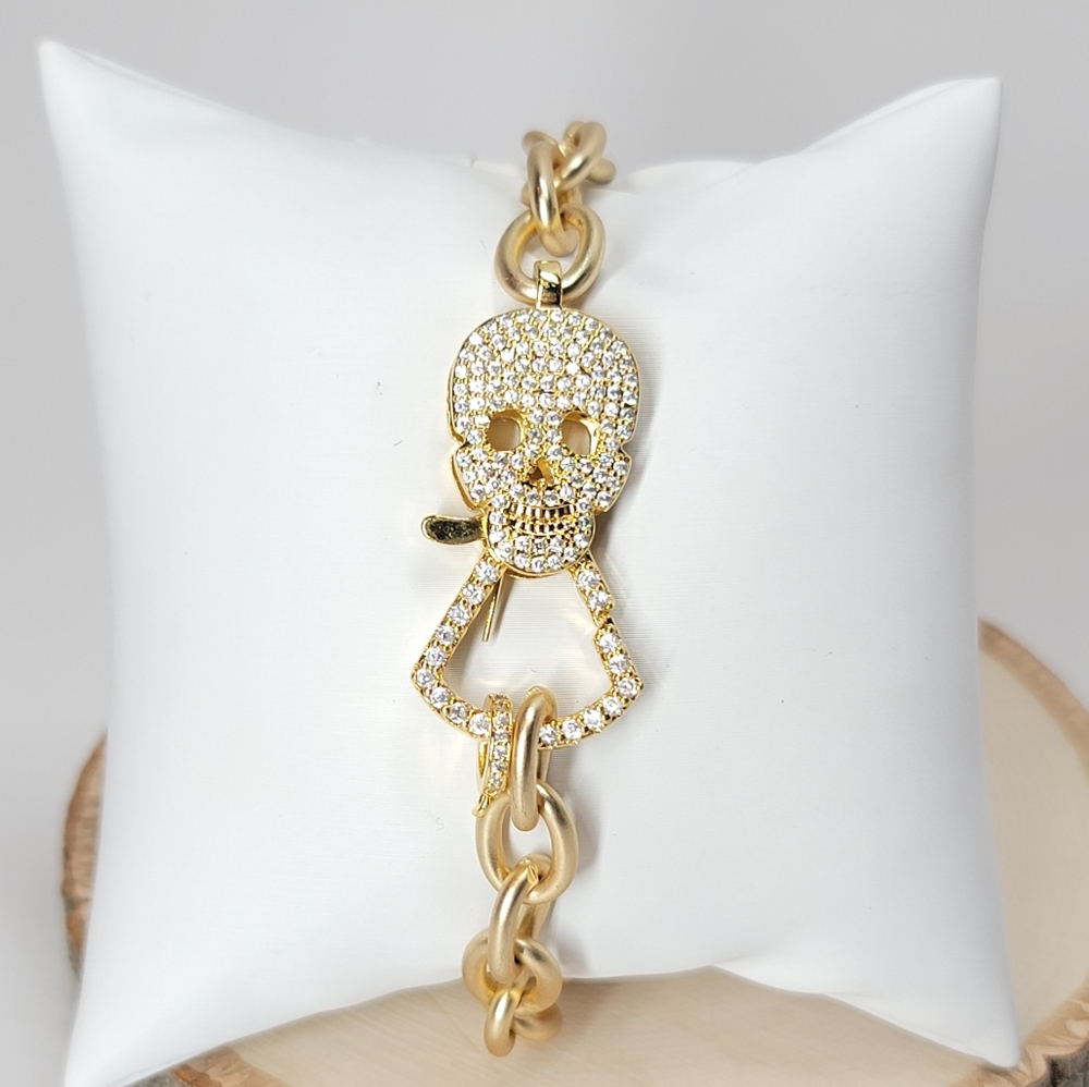 Bling Skull Pave CZ Gold Chain Bracelet NEW - Picture 3 of 10